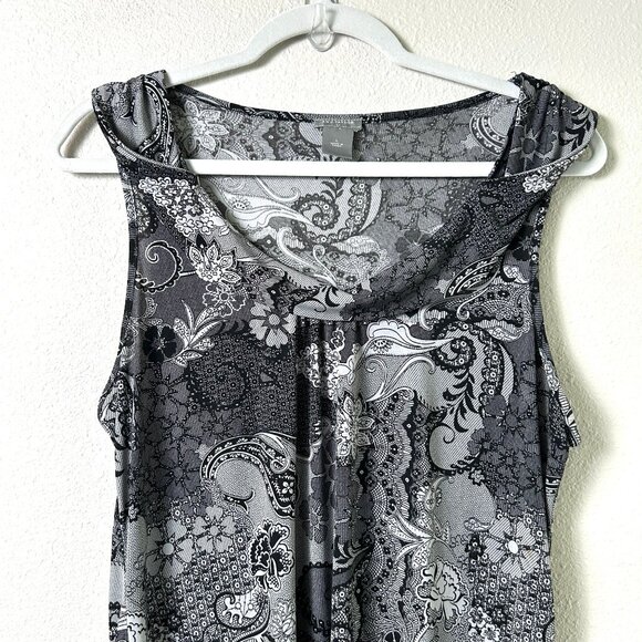 Ann Taylor Dress Size L Black Gray Paisley Twist Collar Sleeveless Pullover - Picture 2 of 8
